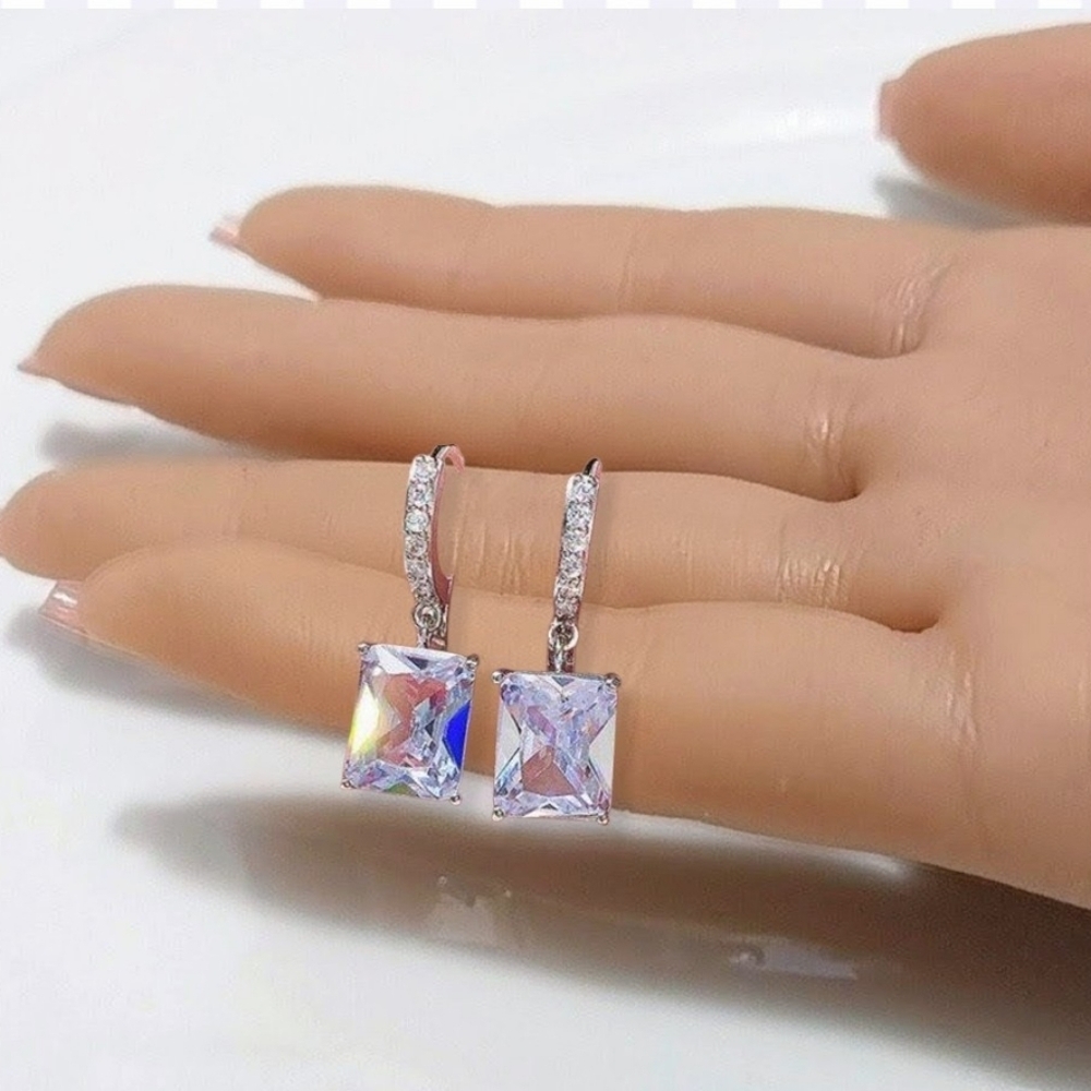 White Topaz Silver Drop Earrings Huggie Hoop